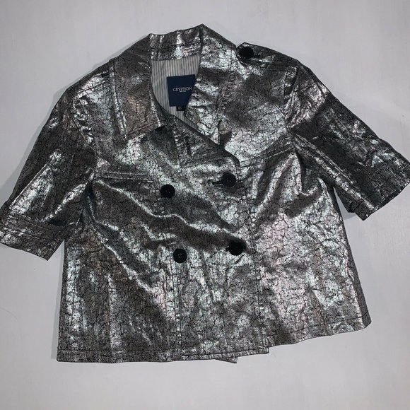 GRYPHON SILVER FOIL BLACK COVERED CROPPED SWING LINEN JACKET Sz M #191 - Picture 2 of 7